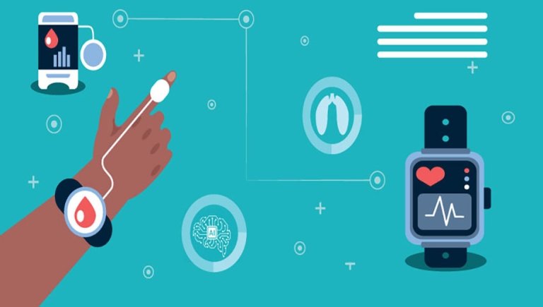 abstract photo of digital health icons with smart watch.