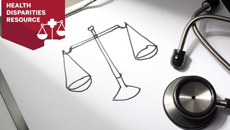 Photo of a stethoscope and balancing scales drawn on a piece of paper.