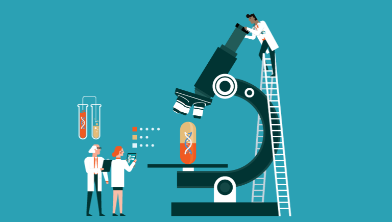 An illustration of a large microscope on a blue background.