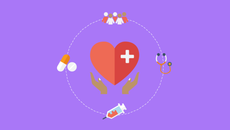 Illustration of a heart circled by medical tools and caring hands.