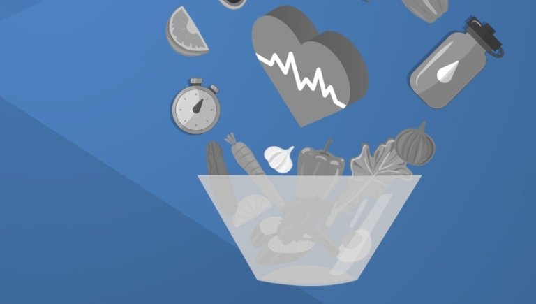 An illustration of a bowl with healthy items floating out.