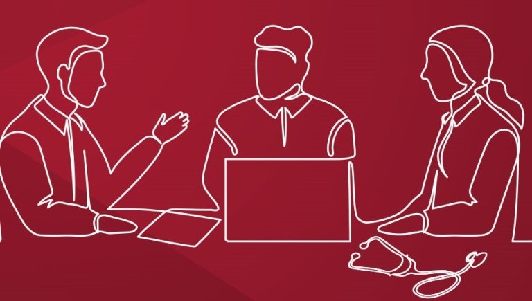 Line drawing of three people talking around a computer.