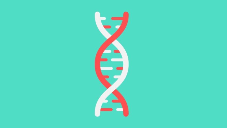 An illustration of a DNA helix on a teal background.