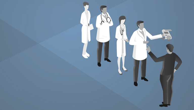 A man communicates with a line of medical professionals.