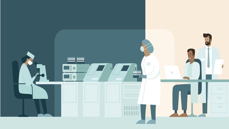 Abstract photo of researchers sitting at computers and delivering test tubes.