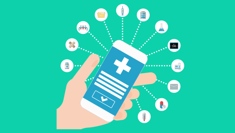 Illustration of a phone with multiple apps.