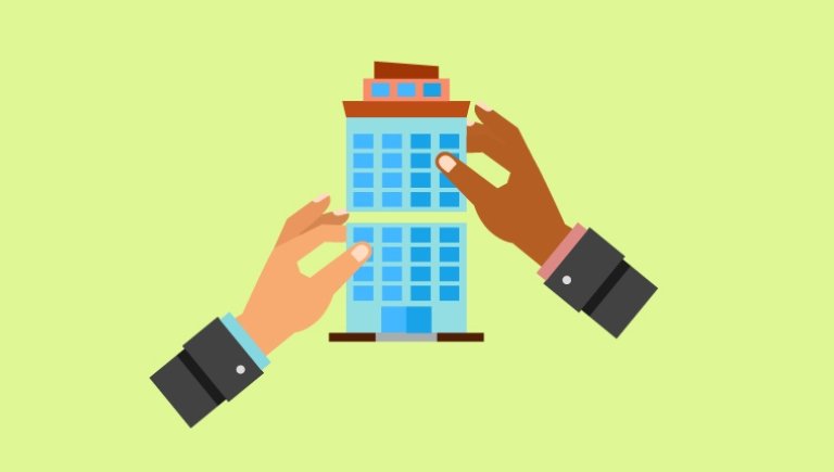 An illustration of two hands putting a building together on a lime green background.