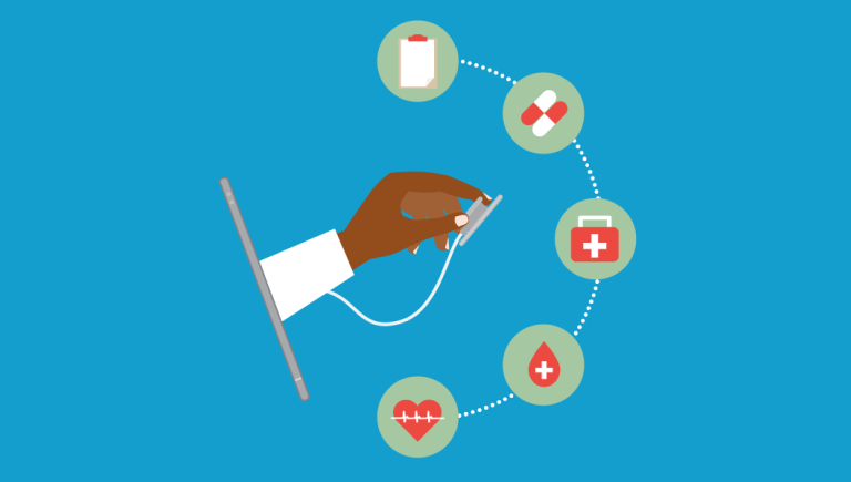 Illustration of hand holding stethoscope coming out of computer.