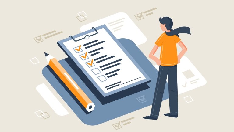 Illustration of man looking at a larger than life checklist and pencil. 