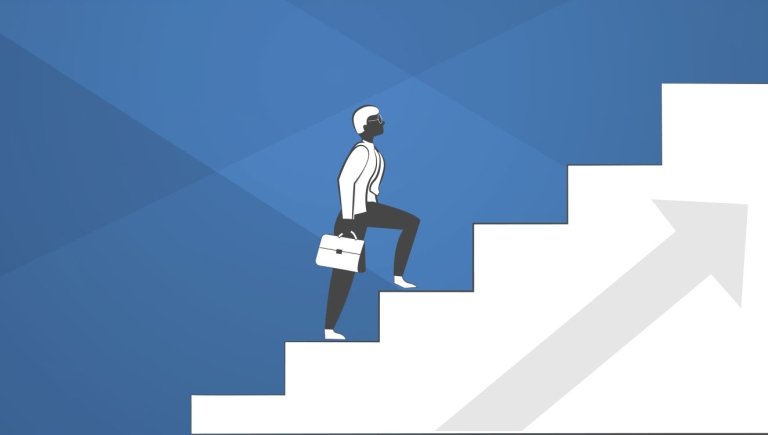 An illustration of a person walking up stairs. 