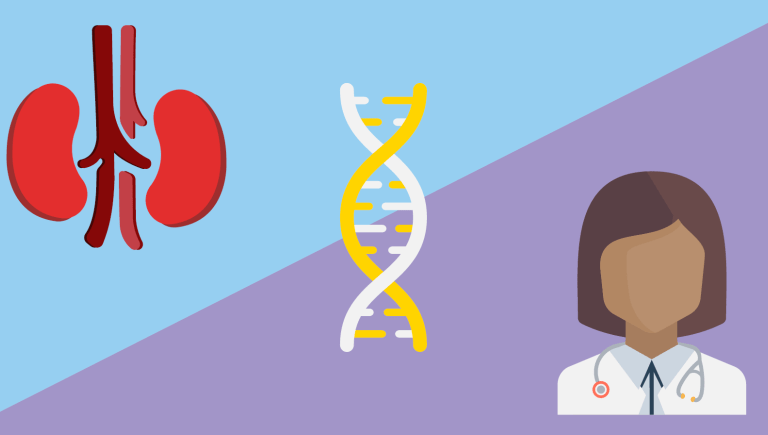 An illustration of kidneys, a DNA helix and a health care provider on a blue and purple background.