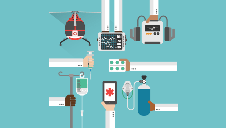 Illustration of multiple hands holding multiple digital and medical devices.