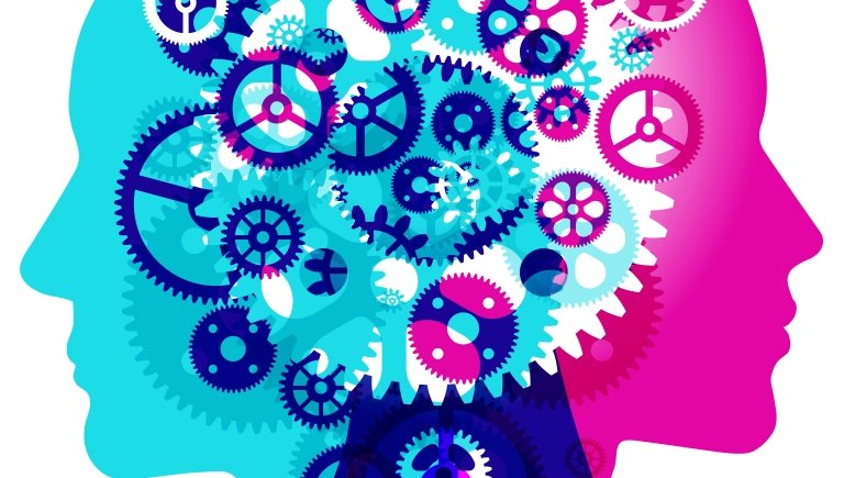 blue and pink silhouette of a head with gears.