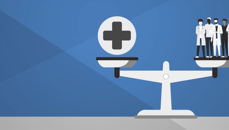 An animated scale with a health care cross on one end and people on the other on a blue background.