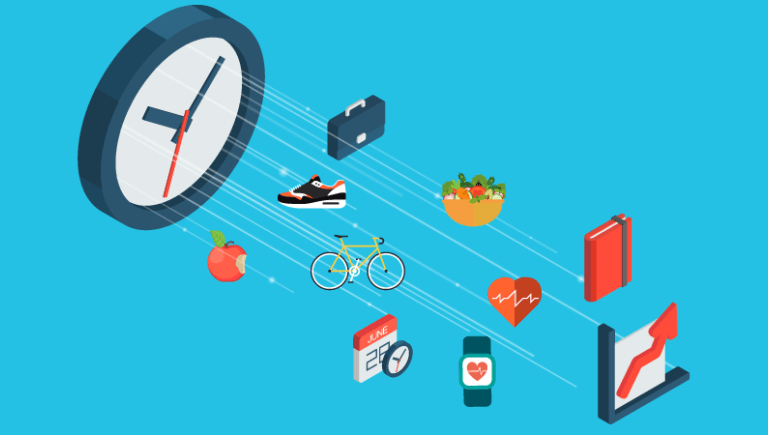An illustration of a clock with icons attached by strings.
