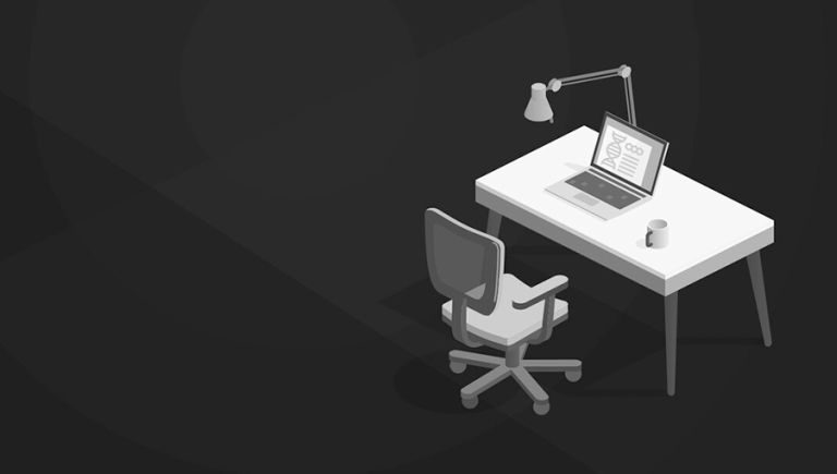 Illustration of a desk and chair featuring a computer screen that displays a DNA symbol.