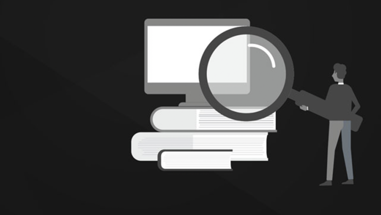 An illustration of a man holding a magnifying glass, staring intently into a computer screen..