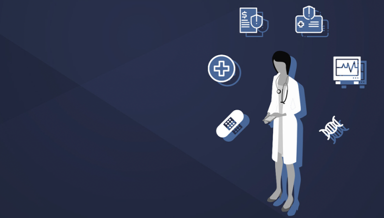 A medical professional surrounded by medical symbols. 