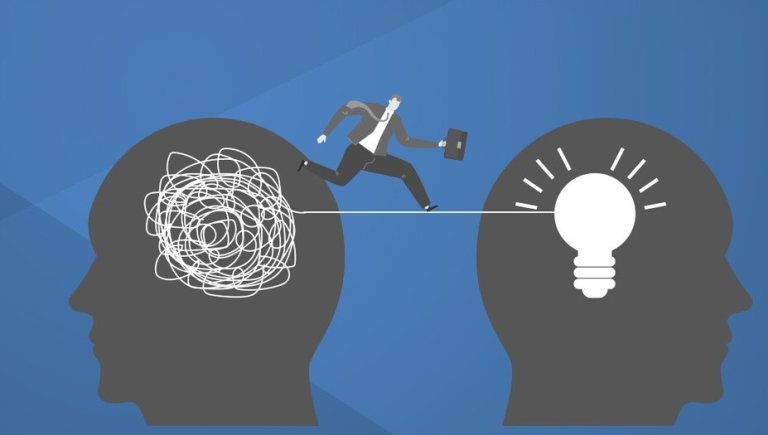 Illustration of a person running from one jumbled mind over to a light bulb.