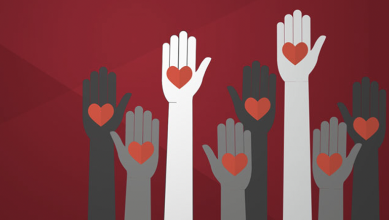 Eight raised hands, each with a heart symbol in the center of the palm.