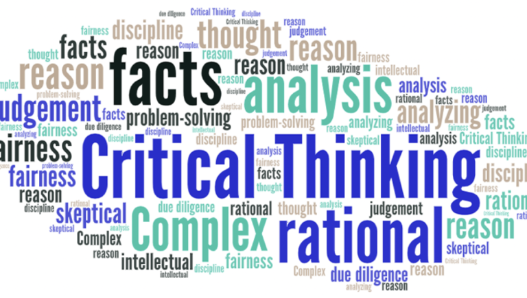 Word cloud prominently displaying "Critical Thinking" as the largest word, surrounded by smaller words such as "fairness," "complex," and "rational."