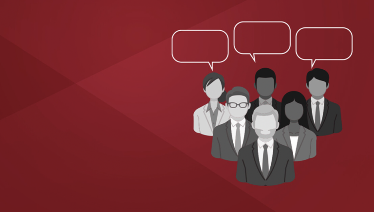 An illustration of people with text boxes above their heads.