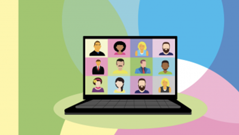 An illustration showing multiple people displayed on a computer in squares, resembling a Zoom call.