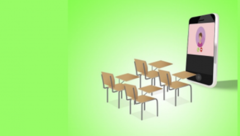 An illustration of empty chairs sitting in front of a large phone.