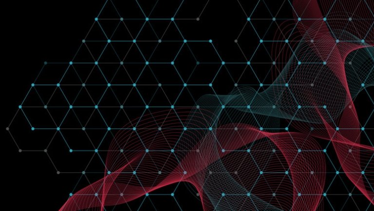 Waves of red and teal on a black background.