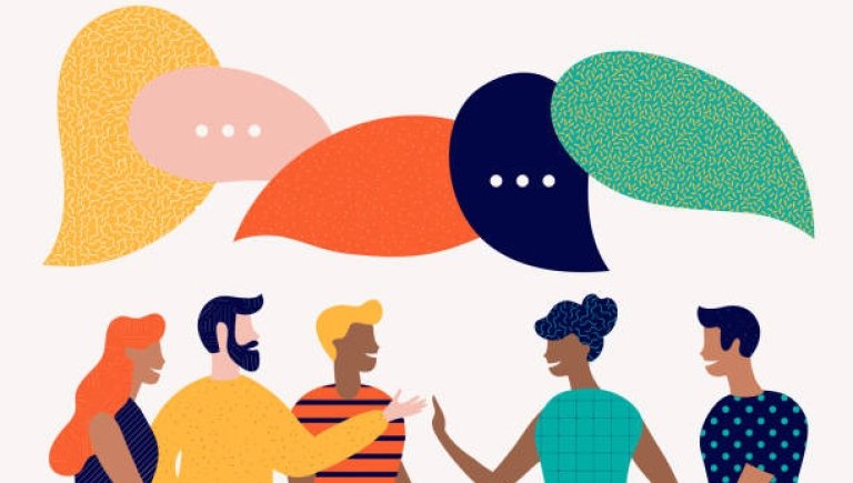 Illustration of people communicating in a group.