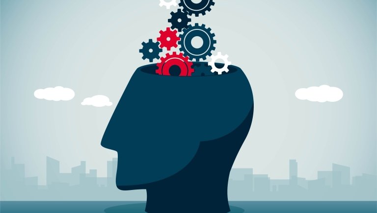 An illustration of a brain with gears turning.