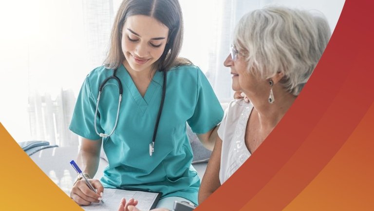 A health care provider with a patient and warm color ribbons on the left and right sides of the image.