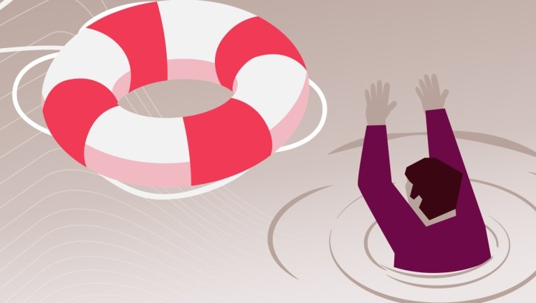 Illustration of person reaching for life ring. 
