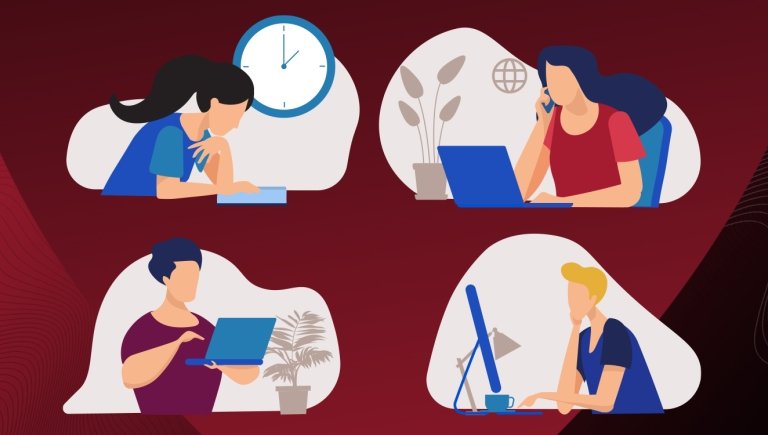 Four illustrations of people working on a red background.