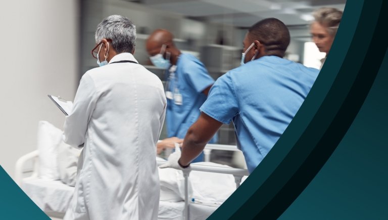 Treatment to image of emergency room gurney and doctors. 