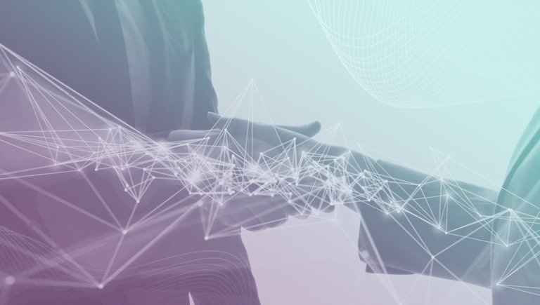 Two people shaking hands with lines overlaid. 