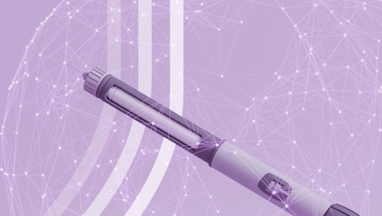 A GLP-1 injection with a purple filter over it.