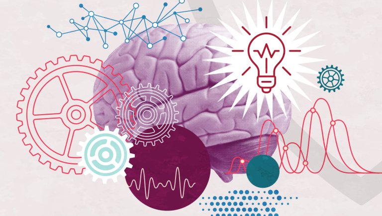 A brain with gears and icons surrounding it. 