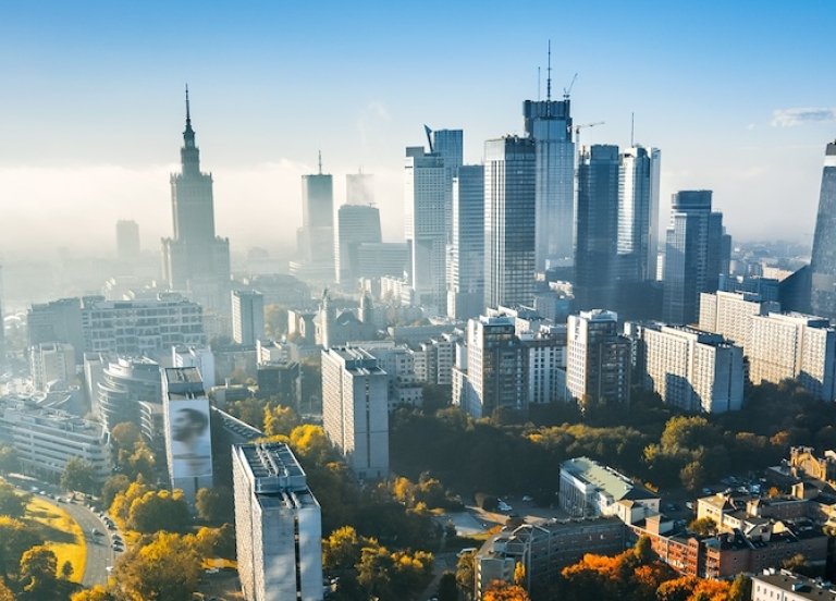 The skyline in Warsaw, Poland.