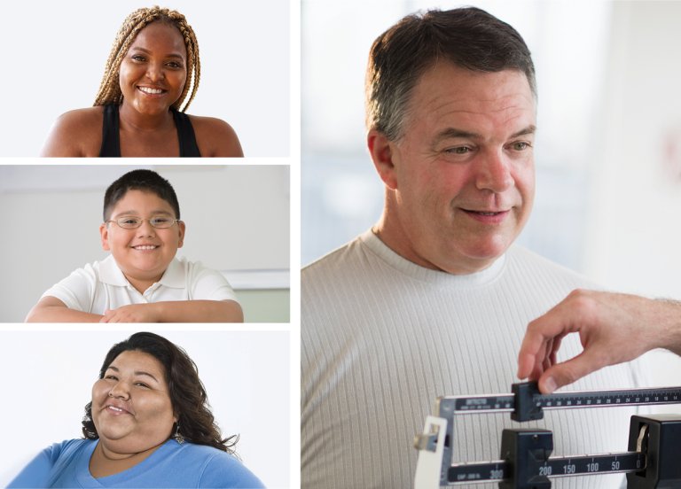 Four smiling people with obesity