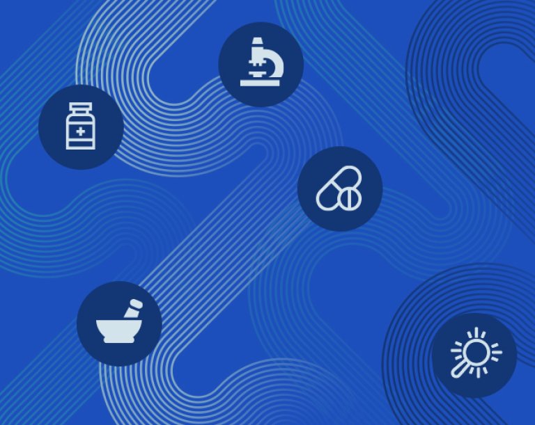 Five icons on a blue background.