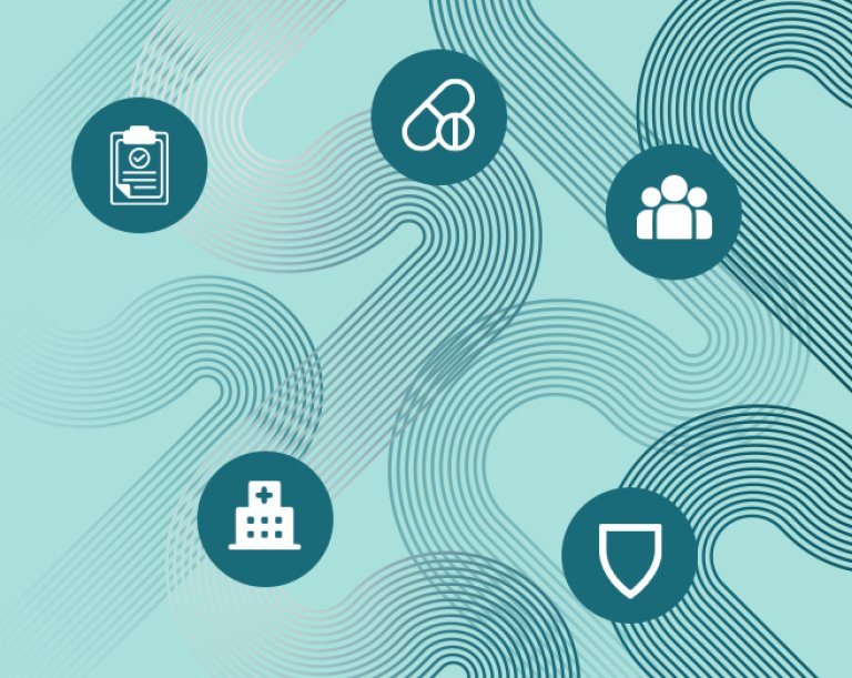 Five icons on a mint background.