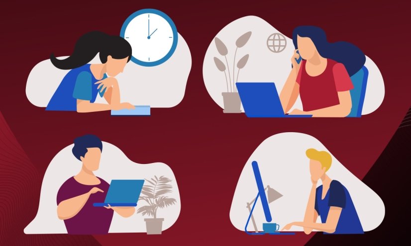 Four illustrations of people working on a red background.