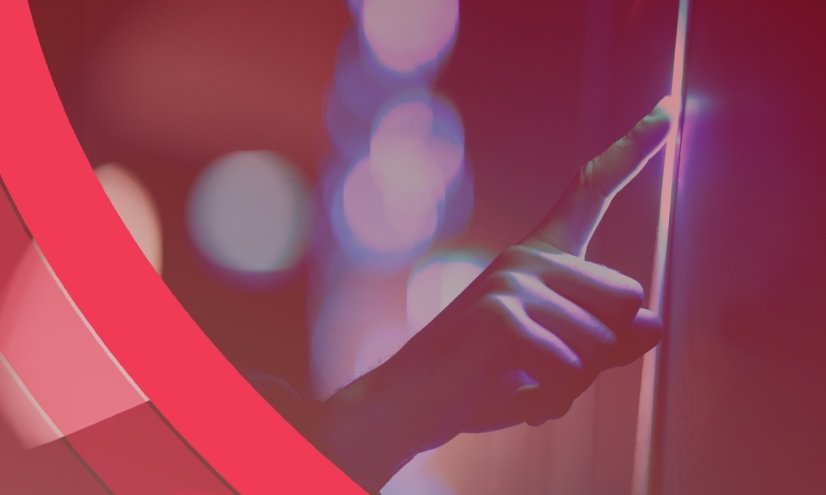 A hand tapping a screen with a crimson overlay.