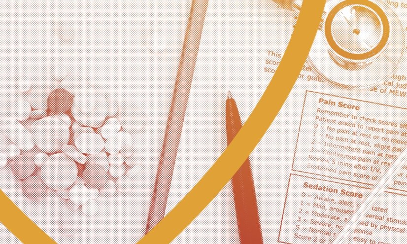 Stethoscope medication and forms piled on top of each other.