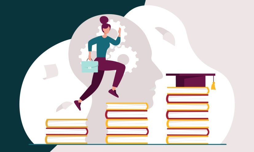 An illustration of a person running up a stack of books.