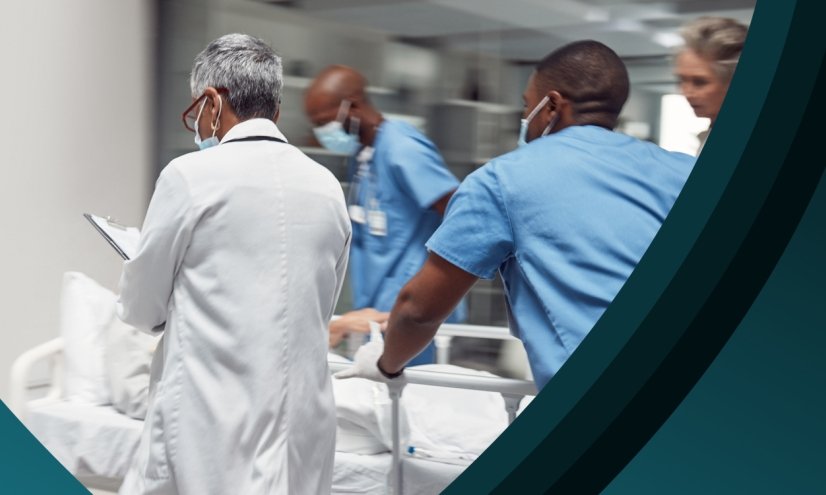 Treatment to image of emergency room gurney and doctors. 