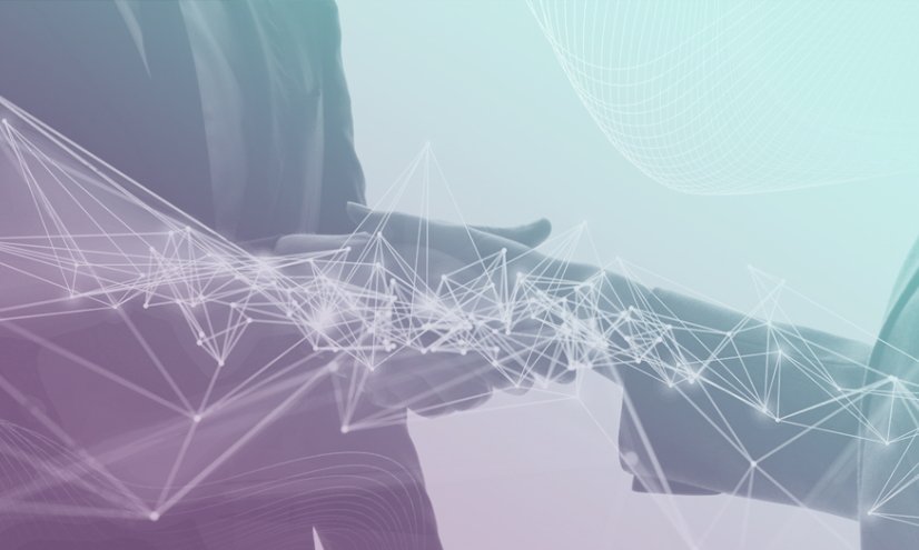 Two people shaking hands with lines overlaid. 