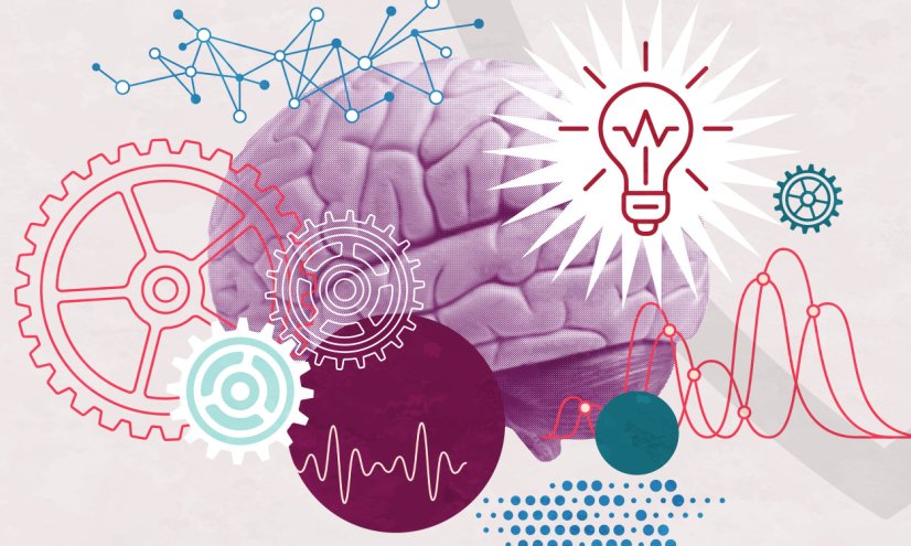 A brain with gears and icons surrounding it. 