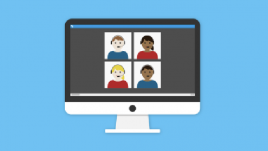 An illustration of a computer with people communicating on a zoom call.